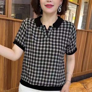 v-neck stripe t-shirts women short sleeve polo shirts new version checked shirts lapel tops loose and thin ladies tees