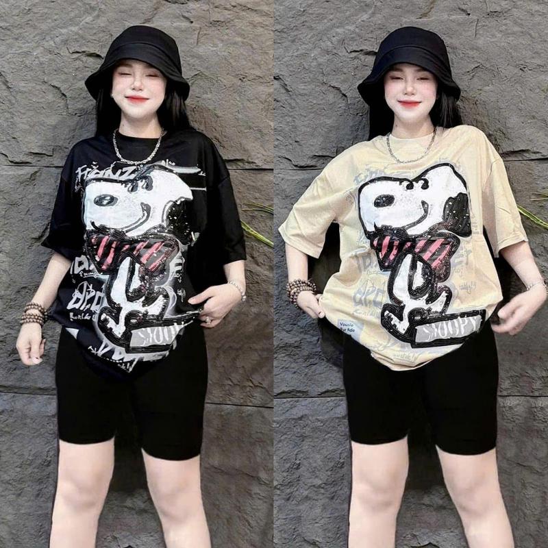 Set Bộ Nữ Thun Tăm Lạnh Quần Ngố + Áo Form Rộng IN CÚN SNOOPY  BIGSIZE (45-90) KG TOP NỮ
