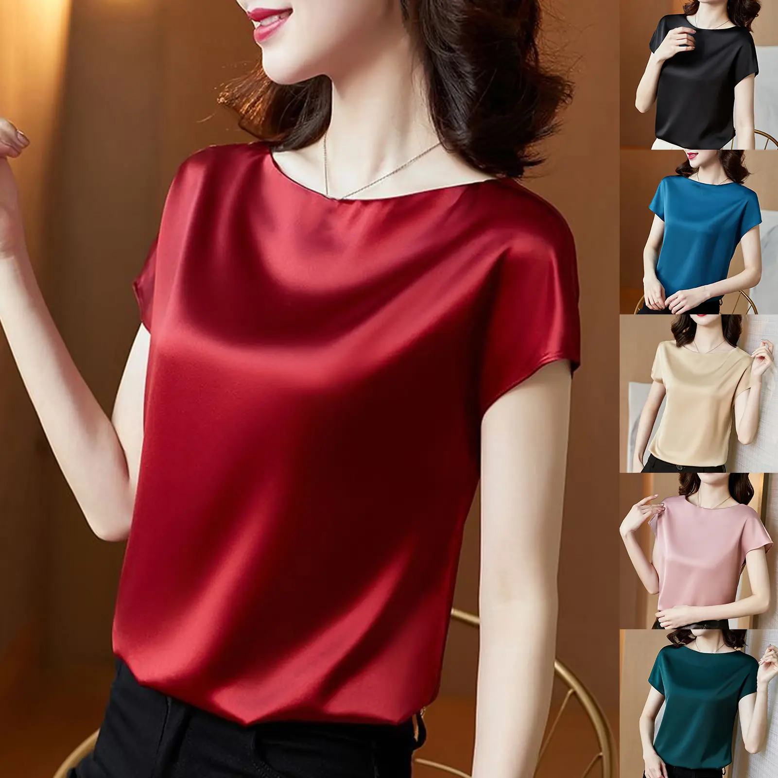 Áo Thun Cổ Tròn Cho Nữ, Áo Polyester Mịn, Áo Dưới Đi Làm
