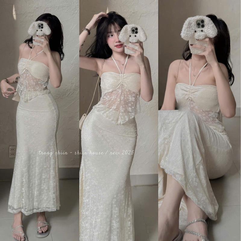 Sét váy nữ  đi biển đi du lịch lên hình cực sang sét ren hoa áo rút dây có mút cổ yếm xẻ lai vạt bầu phối chân váy đuôi cá dáng dài