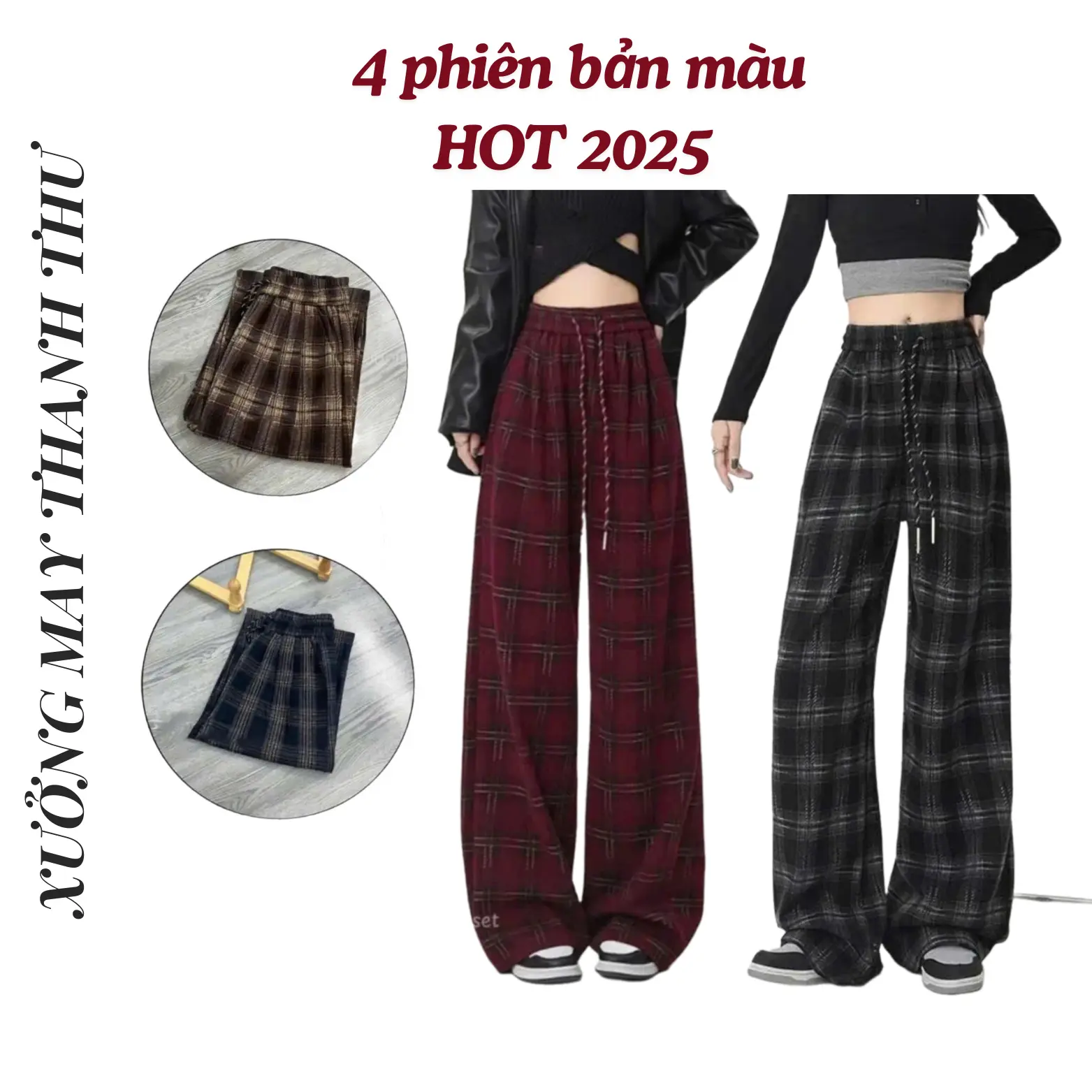 Quần Dạ  Kẻ Caro Ống Rộng Dây Rút ( Quần Suông Form Rộng Phong Cách Ulzzang ) đỏ