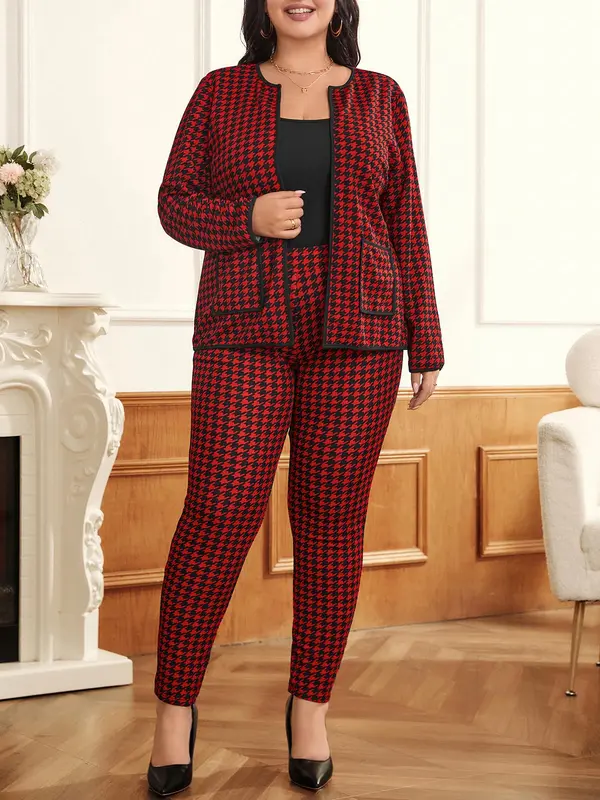 CURVZY Plus Size Two-Piece Set Houndstooth Print Pocket Top & Pants, Casual Long Sleeve Open Front Outerwear & Pocket Trousers for Daily Wear, Women's Two-piece Outfits for Spring & Fall 3