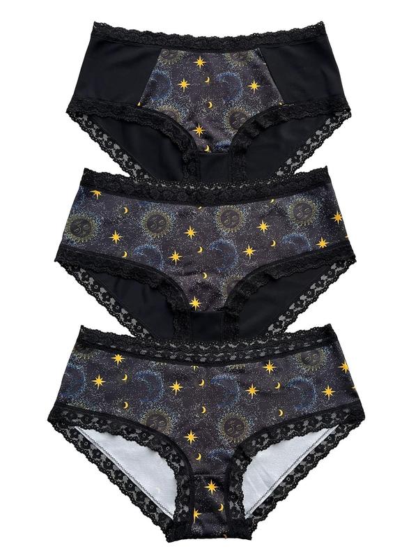 Plus Size Galaxy Print Contrast Lace Knicker, Casual Soft Comfy Panty for Daily Wear, Women's Underwear for All Seasons 4