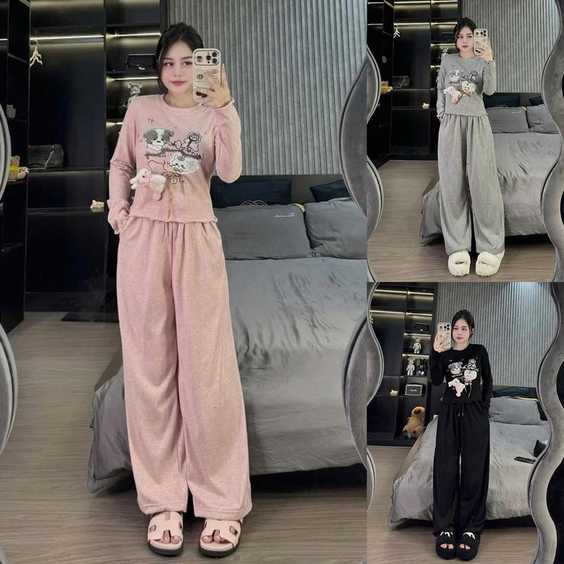 Set Bộ Đồ Nữ Len Lông Thỏ Gấu Mèo Cún Đính Thỏ Trắng Nổi Mix Quần Suông Dài Ống Rộng By Thời Trang News