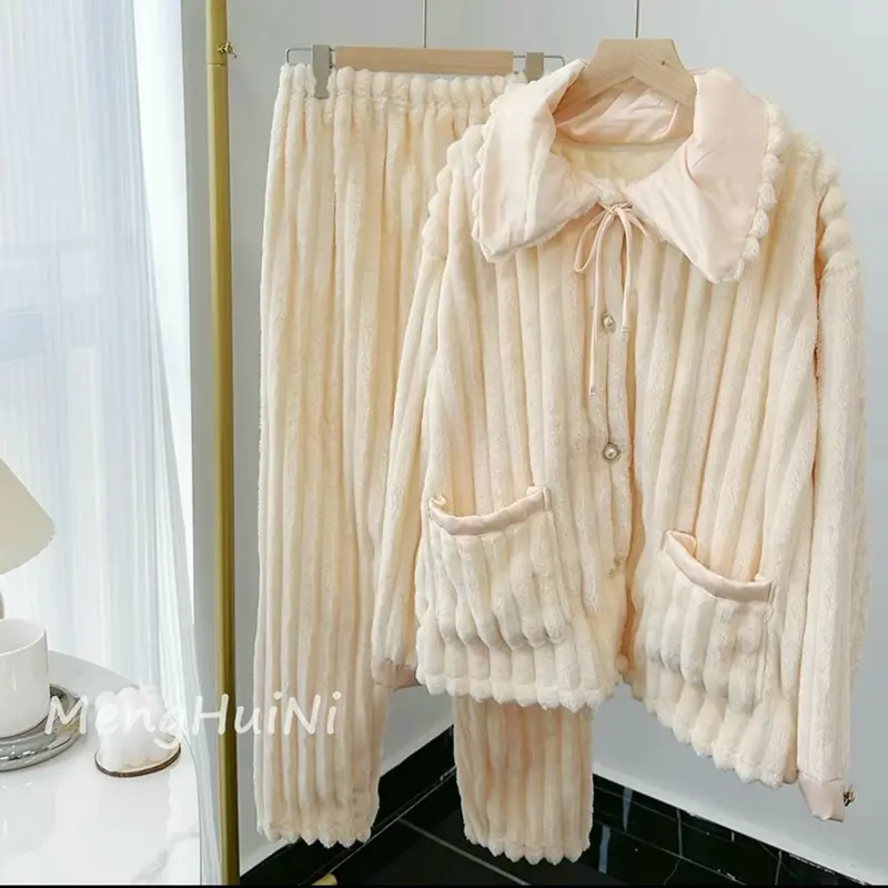 [HOT]Bộ đồ ngủ lông San Hô Bộ Pijama áo khoác cổ sen phối lụa phong cách HQ bông dày dặn,mềm mại cho nữ Women 2