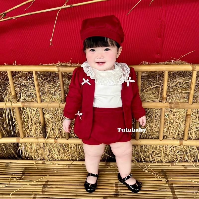 ĐỘC QUYỀN Body Cho Bé Set 4 Chi Tiết Áo Tăm Lạnh Cổ Ren Phối Áo Khoác Và Quần Chất Tăm Lông Thỏ Đỏ Kèm Mũ Nồi Xinh Xắn Body Cho Bé 3-11kg