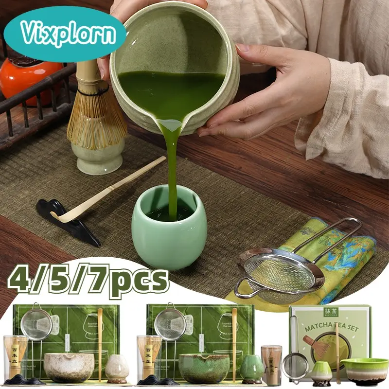 Vixplorn 2/4/5/7Pcs Alat Matcha Making paket Lengkap Matcha Tea Maker Kerajinan Pembuat Matcha Mangkuk Matcha Keramik Pengaduk Matcha Bambu Sendok Penyangga Whisk Matcha Mangkuk Keramik