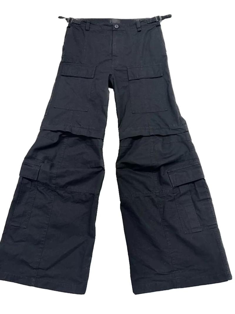 Product Introduction of Cotton Overalls New Large Loose Pockets Overalls Casual Pants Men's Korean Style Trendy All-Matching Pants Summer Thin Draping Wide-Leg Draggle-Tail Trousers Black 5