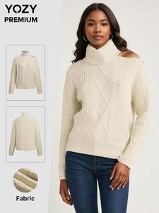 YOZY Women's Contrast Sequin Cut Out High Neck Sweater, Casual Long Sleeve Jumper for Fall & Winter, Fashion Ladies' Knitwear for Daily Wear