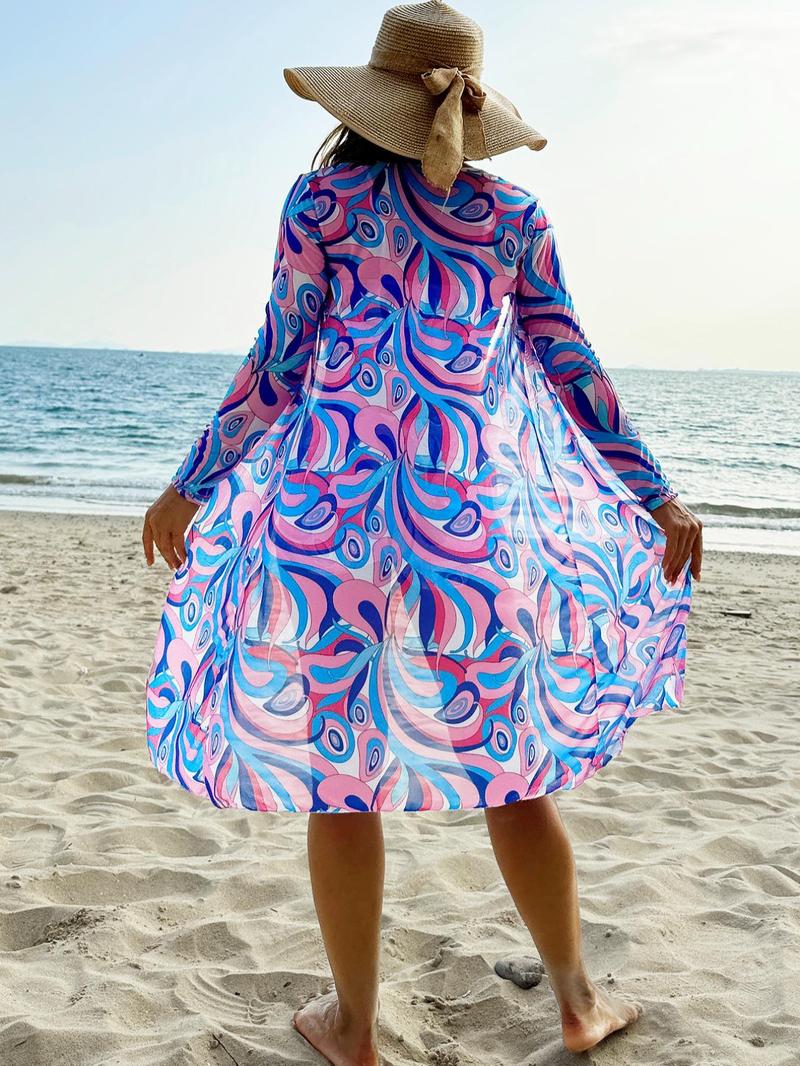Product Introduction of Three-piece Set Women's All Over Print Bikini Set, Casual Fashion Chic Tie Front Swim Top & Swim Bottom & Sheer Cover Up Set, Ladies Swimsuit for Beach Holiday Vacation 2