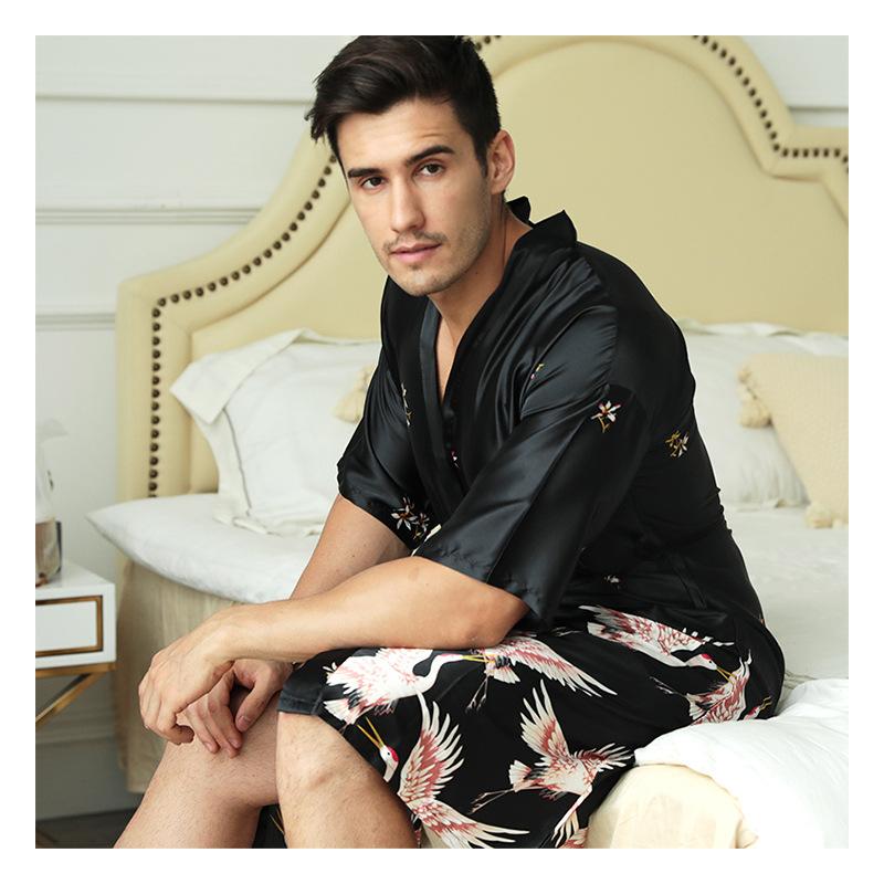 Product Introduction of Black Chinese Men Silk Rayon Robe Summer Casual Wedding Best Man Sleepwear V-Neck Kimono Yukata Bath Gown Plus Size XXXL Fashion Menswear Satin Loungewear 31