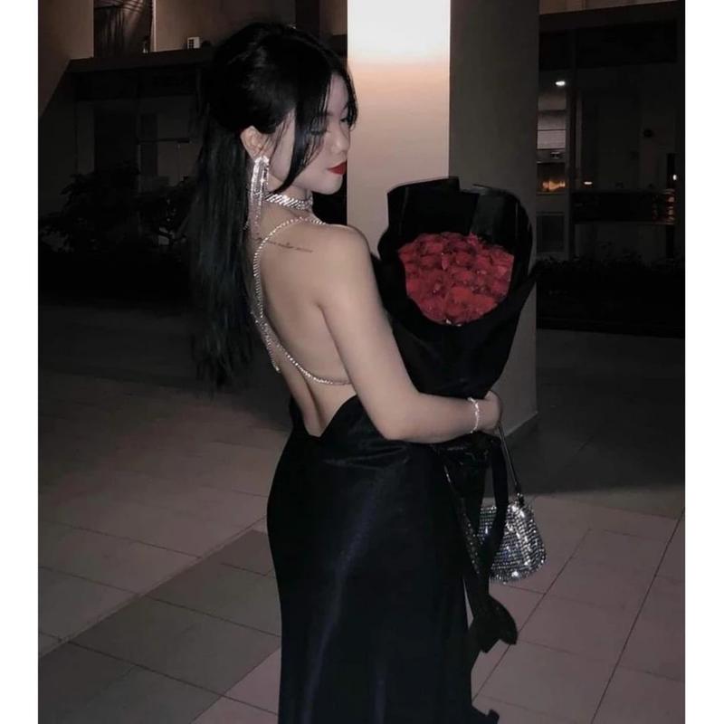 Đầm Lụa Cổ Đổ Hở Lưng Dây Đá Nary Dress Nữ Women haanh. vaythietke Nhung Voan
