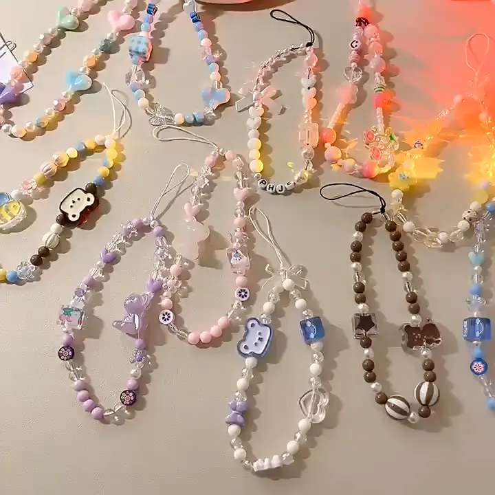Colourfull Lanyard Strap Accessories Korean Style Hot New Spring Flower Pink Tulip Mobile Phone Case Chain Anti-Lost Soft Pottery Lanyard Pearl Acrylic Bead Colorful Portable Wrist Strap Rope Pendant y2k bracelets 4