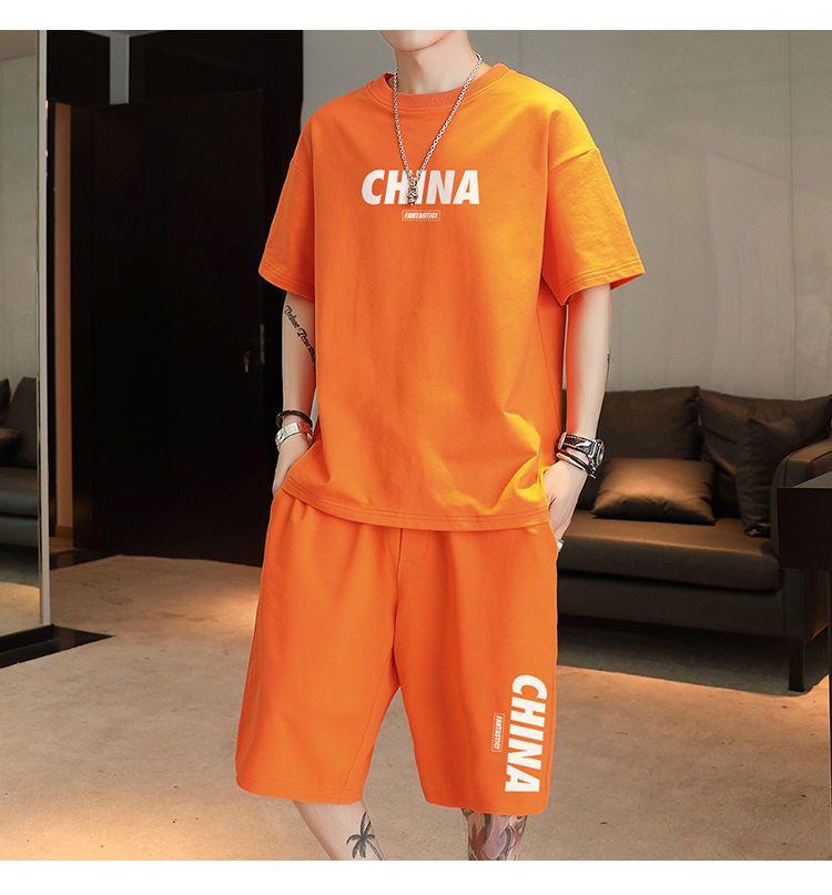 Product Introduction of Summer New Trendy Hong Kong Style Simple Letter Printing Leisure Sports Suit Green Student Short Sleeve Shorts Two Pieces Suit Menswear Overalls Lingerie Formal 8