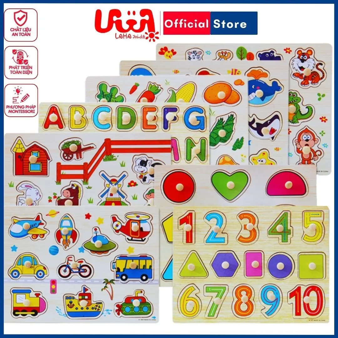 Bảng núm gỗ xếp gỗ phát triển tư duy cho bé Đồ chơi gỗ montessori màu tranh dạy