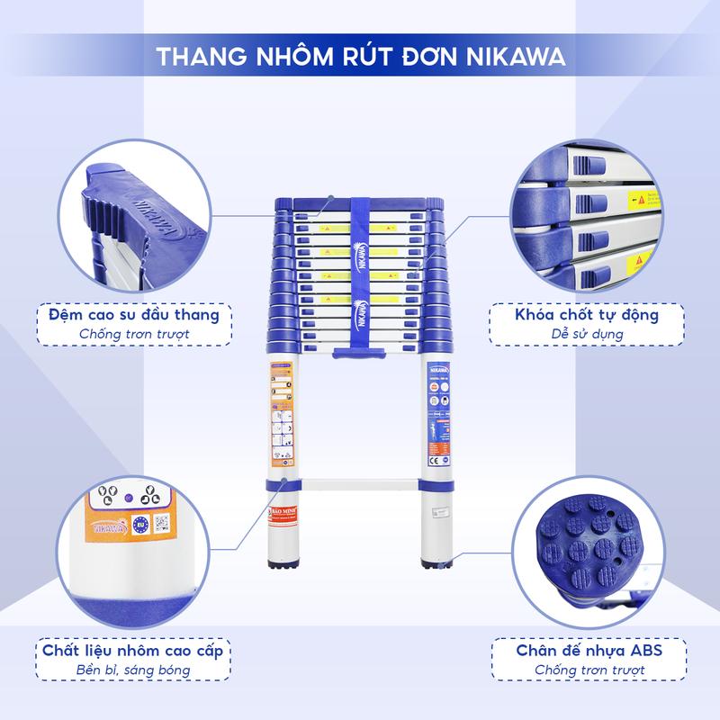 Product Introduction of Nikawa - Thang nhôm rút đơn 4m8 NK-48 chiều cao sử dụng tối đa 4,8m Bảo hành 18 tháng - TẶNG KÈM ĐỆM CAO SU 28