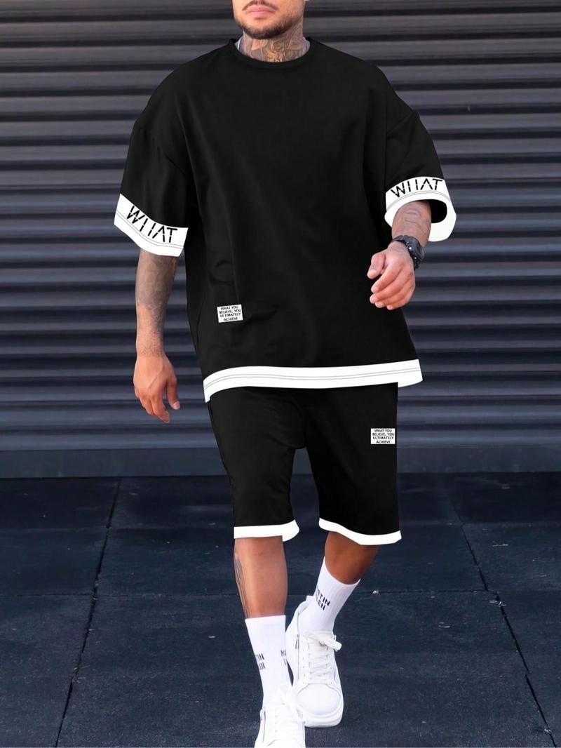 Product Introduction of Plus Size Men's Letter Print Tee & Shorts Set, Crew Neck Short Sleeve T-Shirt & Shorts PJ Set, Casual Comfy Men's Sleepwear & Loungewear Set for Summer 5