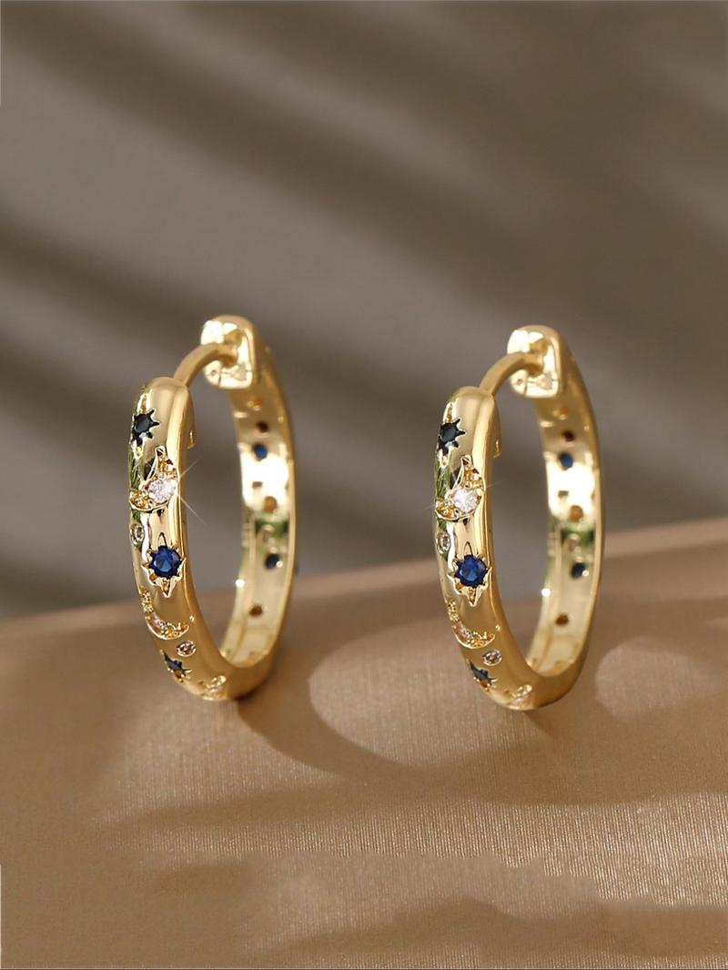 Product Introduction of Vintage Star & Moon Decor Hoop Earrings for Women, Funky Unique Accessories, Fashionable Rhinestone Decorated Earrings, Trendy All-match & Exquisite Jewelry for Birthday Gift 0