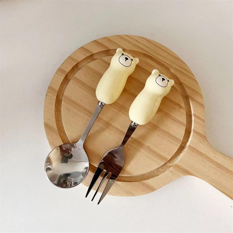 Product Introduction of Bear rice short handle cute spoon set ceramic fork cartoon children household dessert spoon dining Cutlery Tableware 9