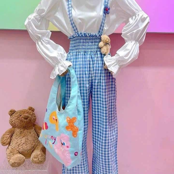 Yếm quần dài caro đính Charm Gấu Jiwa dễ thương Quảng Châu Chính Hãng Women Nữ