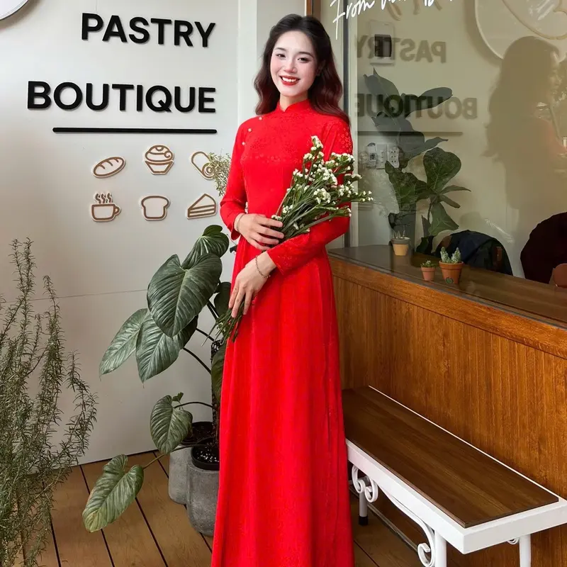 Bộ Áo dài Gấm Lụa Tơ Mềm cổ cao 2cm tay dài hoa nhí kèm quần lụa sang trọng  ( nhiều màu) Women 2