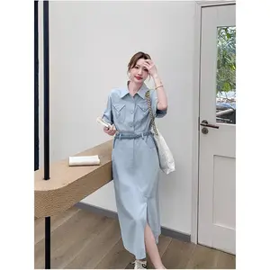 [clearance]PO15 FADFAD Gaun pinggang ramping desain biru untuk wanita gaya kasual