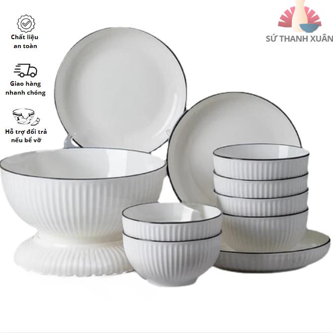 Bộ bát đĩa sứ trắng viền đen 12 món rẻ đẹp cho mọi gia đình không kèm hộp, thìa, đũa