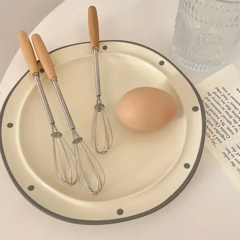 Mini Wooden Handle Egg Beater Stainless Steel Mixer Household Kitchen Baking Tool