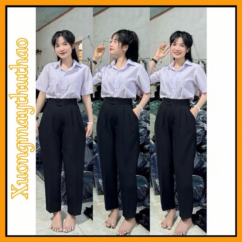 Quần baggy cúc bọc - nhê lệch nữ đi học lưng cao đũng dài tôn dáng đi học đi làm
