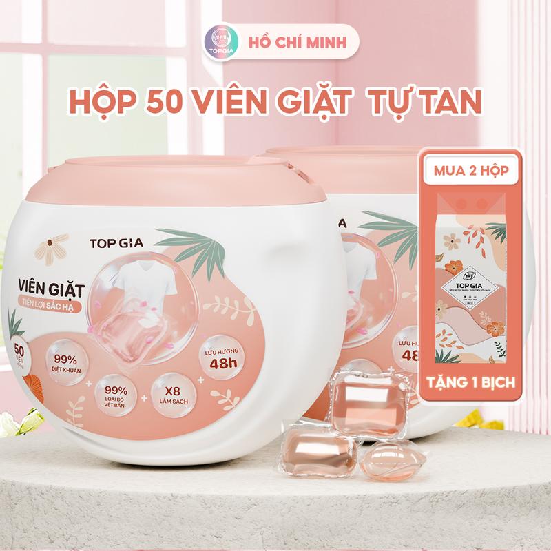Hộp 50 Viên Nước Giặt Tự Tan TOP GIA Lưu Hương 48H Làm Mềm Vải Tẩy Vết Bẩn Quần Áo