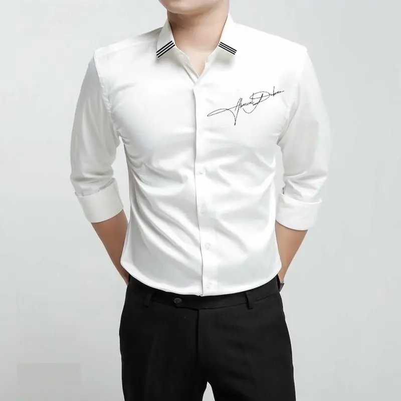 Áo Sơ Mi Dài Tay In “Hoạ Tiết Chữ Ký” Phối Cổ 3 Sọc Vải Lụa Mềm Mịn Sang Trọng Thanh Lịch Menswear  Có Cổ Kate Shirt 0