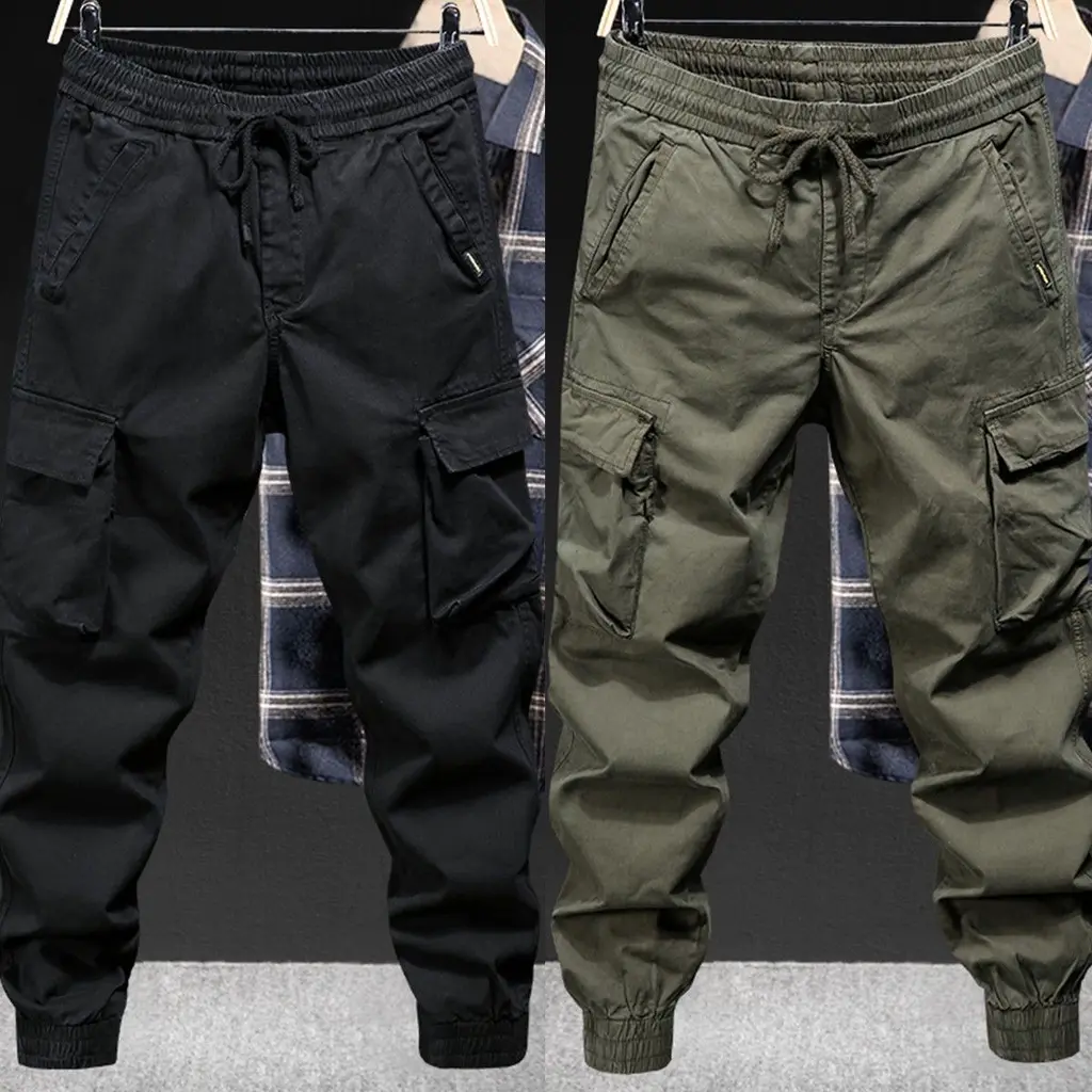 Work pants for men, black cargo pants with multiple pockets, loose, large size, casual, long, 6 pockets