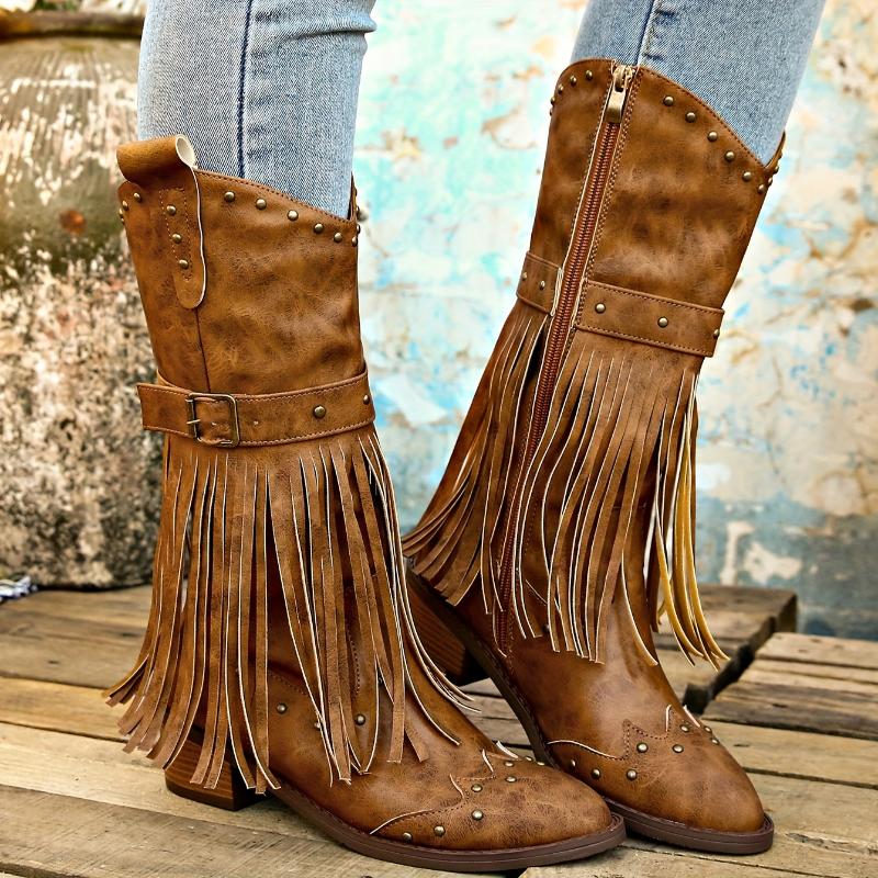 Product Introduction of Fashion-forward Womens Tassel Heel Boots - Luxurious Tassel Accents & Shimmering Beads, Chunky Heel, Smooth Side Zipper for Easy On/Off, Ultimate Comfort for All-Day Wear Girl Footwear 21