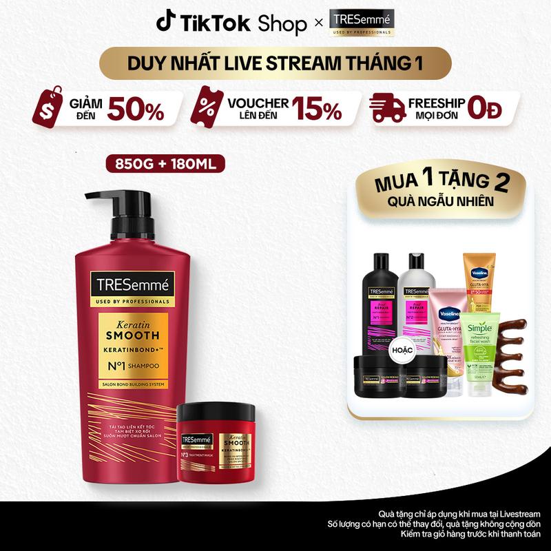   1  Combo Dầu Gội Và Kem Ủ TRESemmé Keratin Smooth Keratinbond+ Cho Tóc Khô Xơ Rối Vào Nếp Suôn Mượt 850g 180ml Nữ 