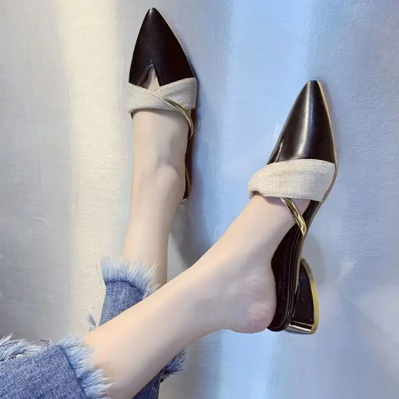Women's Summer Fashion Outdoor Slippers 2025 New Pointed Toe Fashion Closed Toe Half Slippers Internet Celebrity Versatile High Heel Sandals