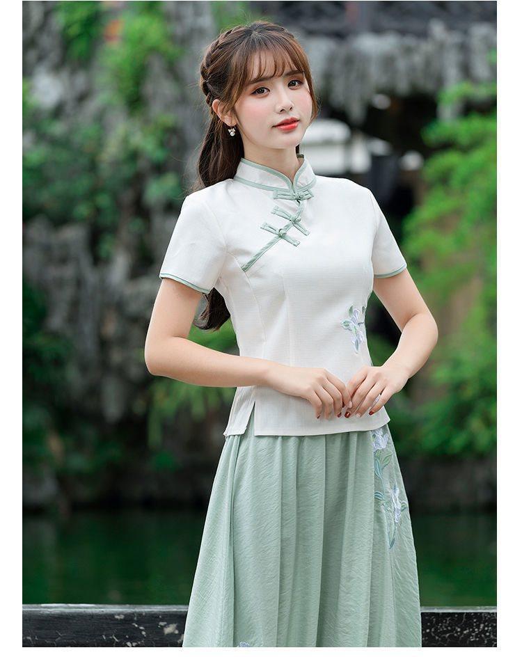 Product Introduction of Bộ Đồ Hai Mảnh Phong Cách Trung Quốc Chất Liệu Vải Lanh Bông Cổ Điển Thiết Kế Có Khóa Kéo, Thêu, ngắn Tay, Thích Hợp Cho Nghệ Thuật Trà, Bộ Đồ Sườn Xám Cải Tiến, Váy, Dành Cho Nữ 10
