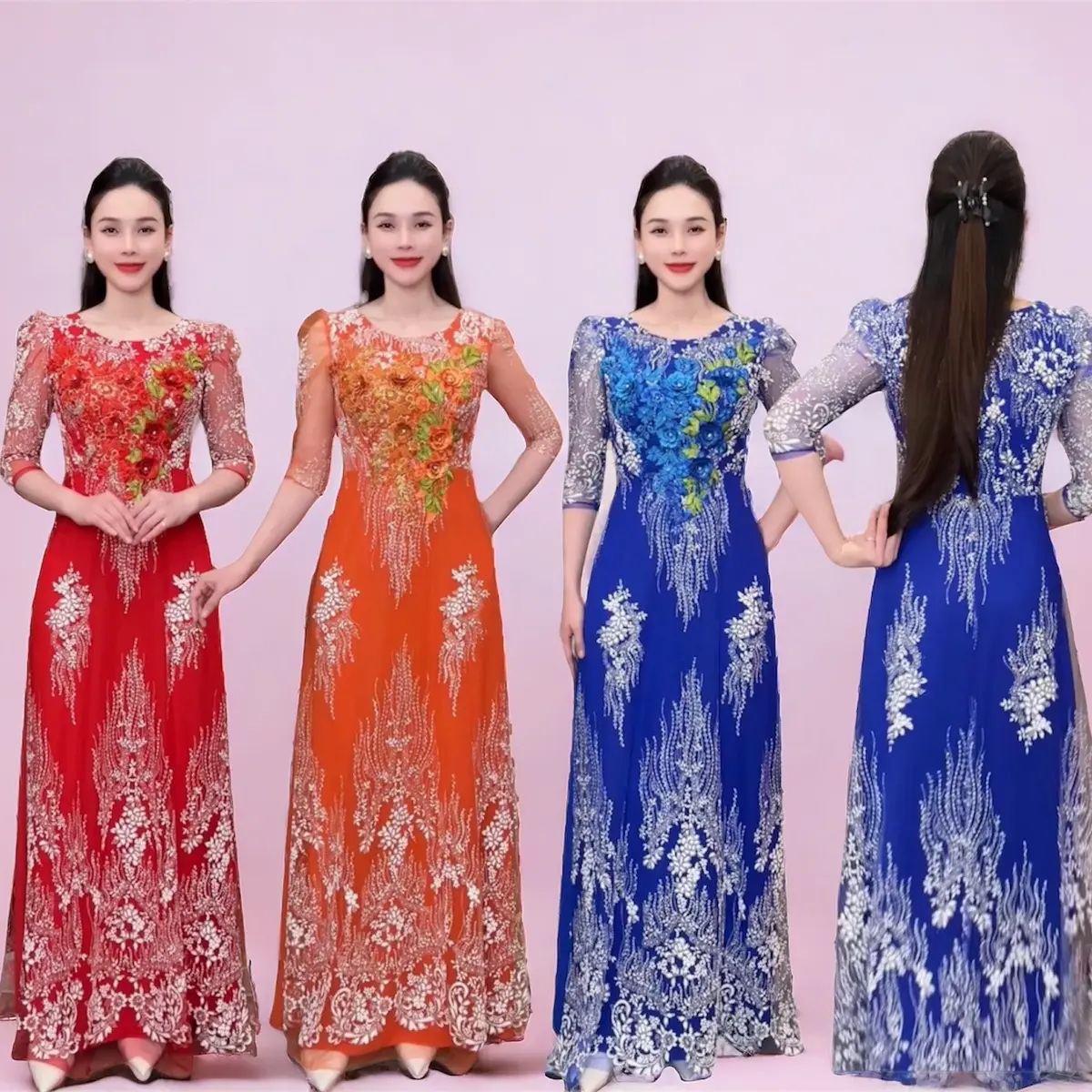 Áo dài dạ hội trung niên cao cấp mã AD69 Nữ Women Kim Tuyến Ren a odai aodai mau jador dress ❧ ✪m☆ ♡ đỏ sang vàng