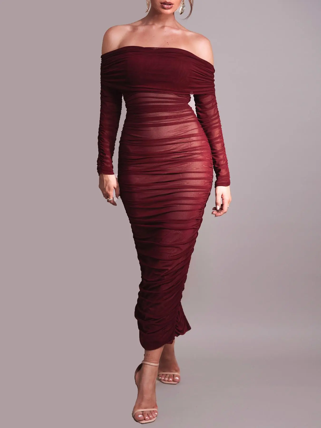 Women's Off The Shoulder Ruched Bodycon Dress, Elegant Long Sleeve Lace Party Evening Gown, Ladies Clothes for All Seasons Valentine's Day, gift