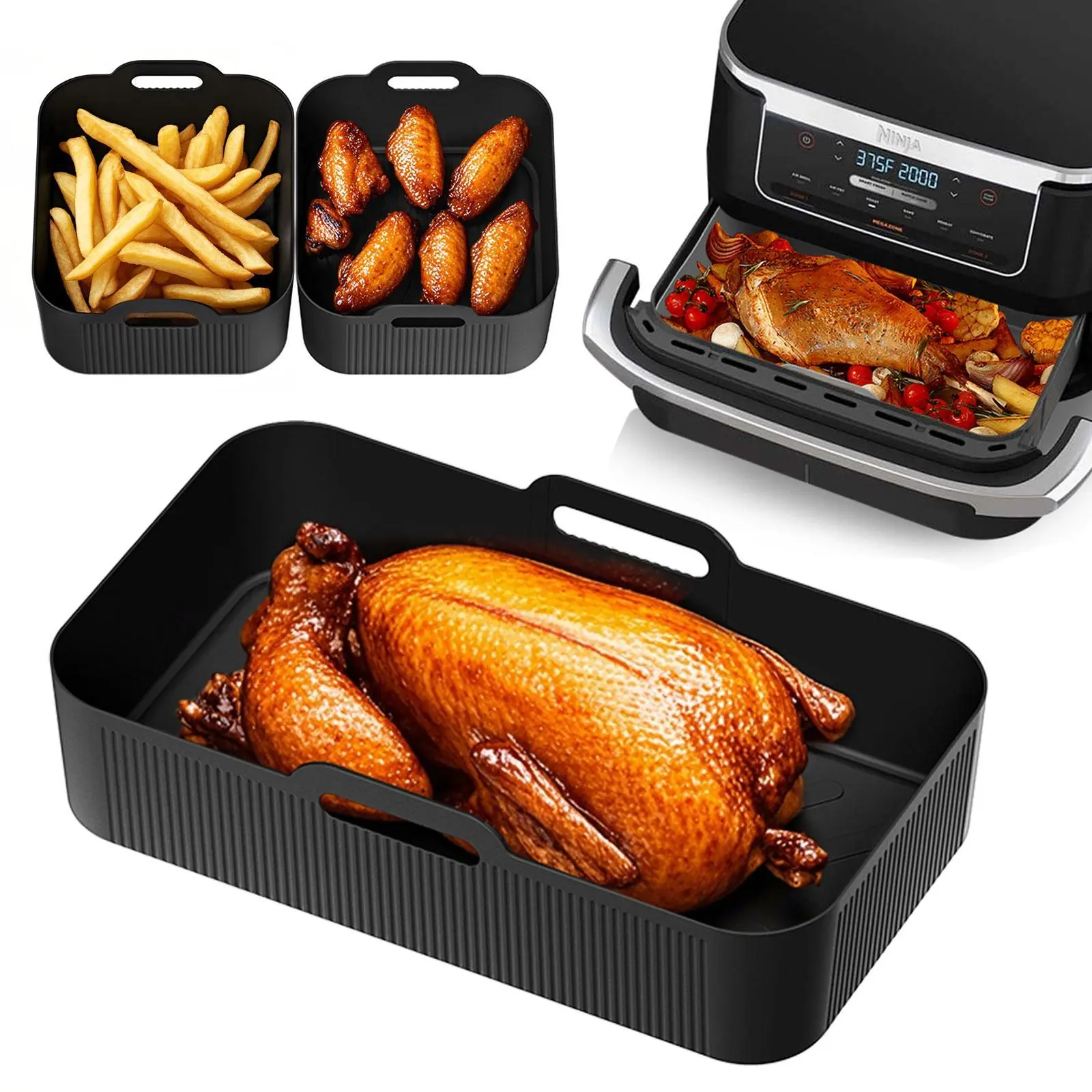 Reusable Air Fryer Liner with Handle, Rectangular Air Fryer Silicone Baking Tray, Kitchen Appliance Parts, Air Fryer Accessories, Kitchen Gadgets