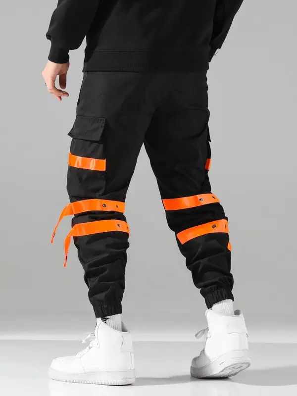 Men's Colorblock Drawstring Button Detail Cargo Pants, Construction Workwear, Regular Fit Fashion Casual Pocket Elastic Waist Trousers For Daily Wear, Men's Bottoms For Fall & Winter 1