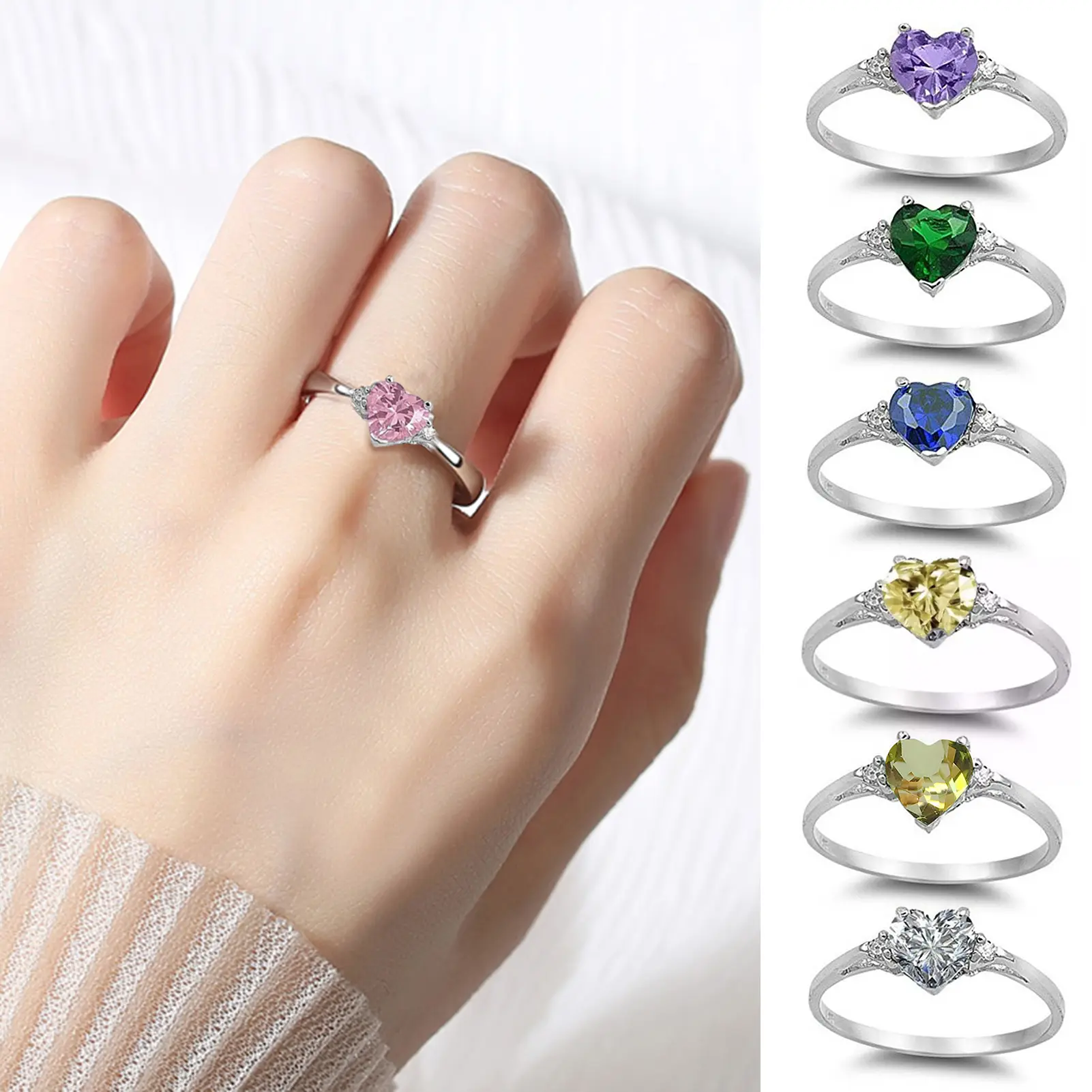Women Ring Shiny Cubic Zirconia Inlaid Temperament Geometric Bright Luster Decoration Emerald Heart-shaped Promise Ring Fashion Jewelry for Girlfriend