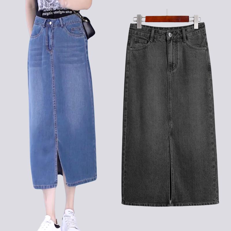 Chân váy Jean cạp cao dáng dài co dãn LAMODE chân váy bò dáng suông tôn dáng, dễ phối đồ [CVJ018]