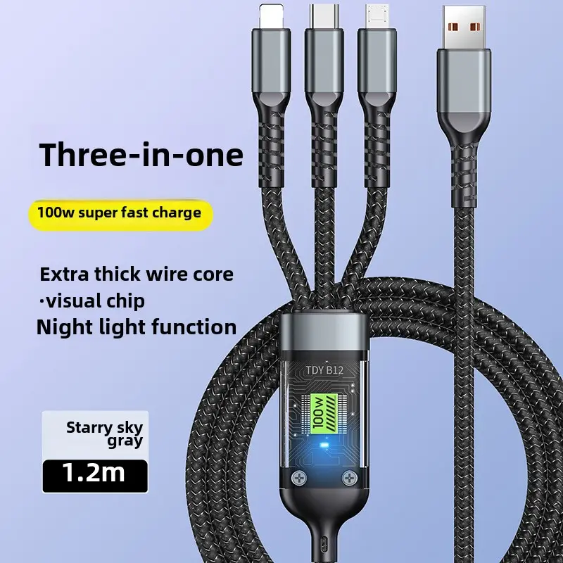 Led Transparent Luminous 5A 100W One Drag Three Fast Charging Data Cable Gift Hot Sale Three-in-One smart android