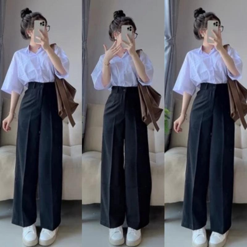 Quần Ống Rộng Đi Học Sinh Nữ Lưng Cao Ống Suông Khóa Giữa 1 Cúc Quần Tây Ống Xuông Cạp Cao Vải Tuyết Mưa Tôn Dáng Ong Women Pants