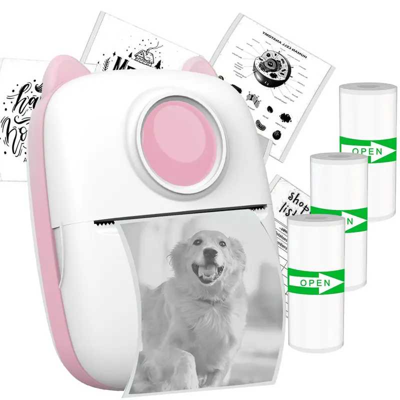 Portable Mini Printer, USB Rechargeable Photo Printer with 3 Rolls Print Paper, for Printing Photos, Notes, Receipts, List, DIY Plans, Memos 0