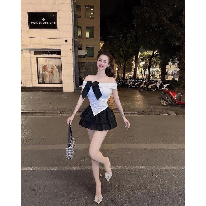 Set áo tăm trễ vai phối nơ dài tay kèm chân váy xoè to đũi dễ thương, Set bộ hề váy tơ áo trễ vai Nữ Kem Women Top 6