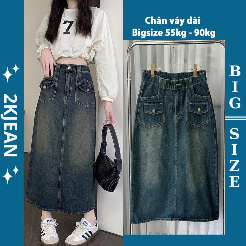 Chân váy nữ jean dài Bigsize 55kgkg-85kg kiểu chân váy nữ túi kiểu xẻ tà sau form dáng chữ a cạp cao 2KJean MS401