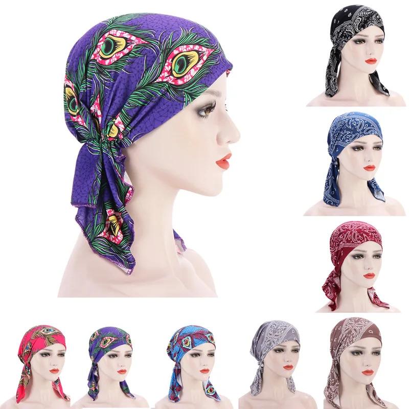 Trendy Print Muslim Fashion Hijab Turban Bonnet Long Tail Head Wraps Soft Elastic Hijab Hats Chemo Cap For Women Girls 1