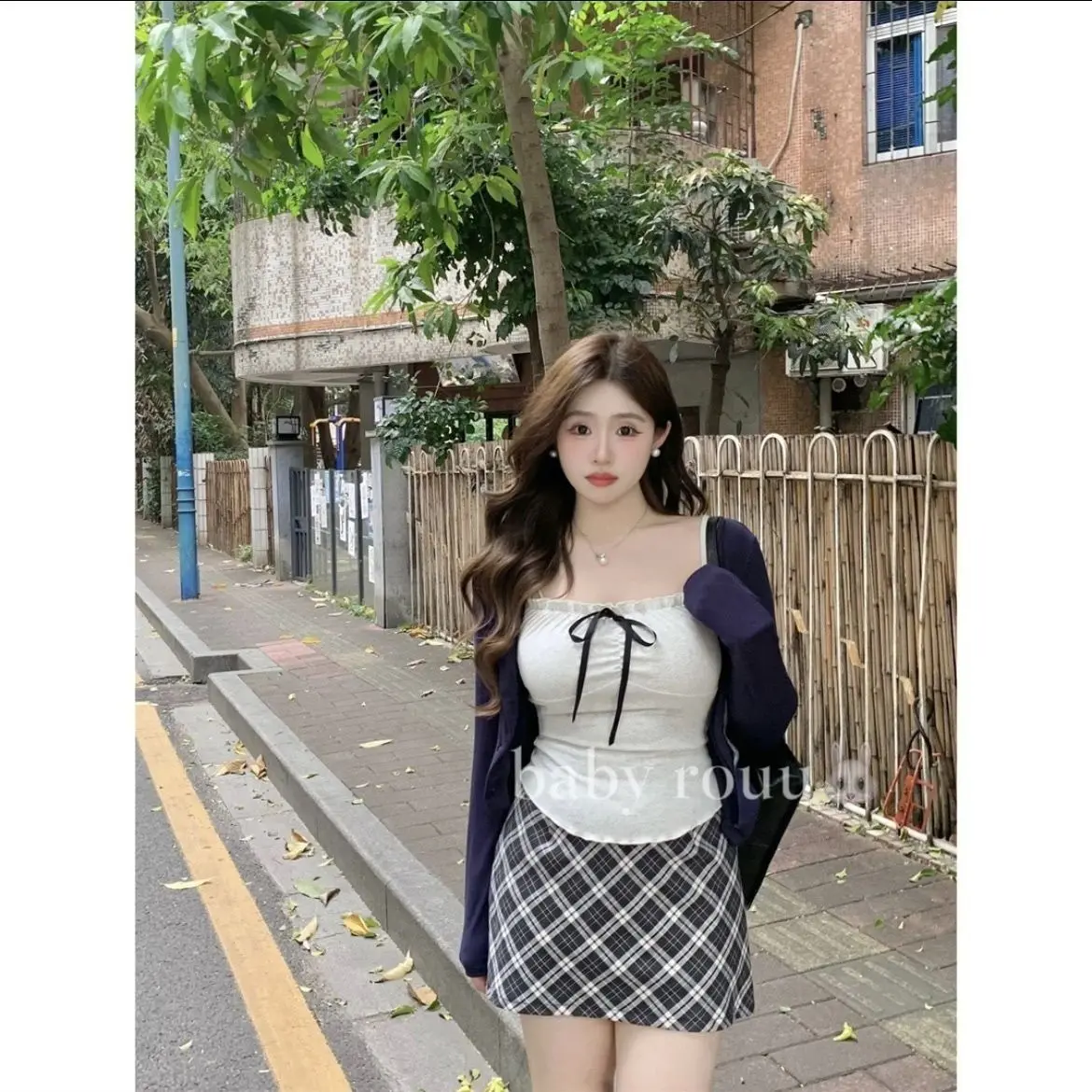 Bộ Ba Mảnh Mùa Hè, Wen Herou, Áo Cardigan Dây Ren Nguyên Chất, Váy Kẻ Sọc, Thích Hợp Cho Trẻ Sinh Ra Trong Học Viện Mỹ Thuật