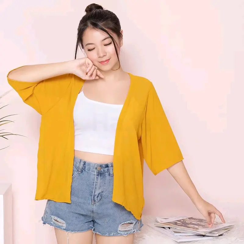 Hana Outer Fashion Atasan Cardigan Wanita Polos Terbaru Lucia Basic Baju Model Korea Sytle Panjang Pita Oversize Top Blazer Casual Hanya Boleh Dicuci Dengan Tangan Yellow Kimono 1